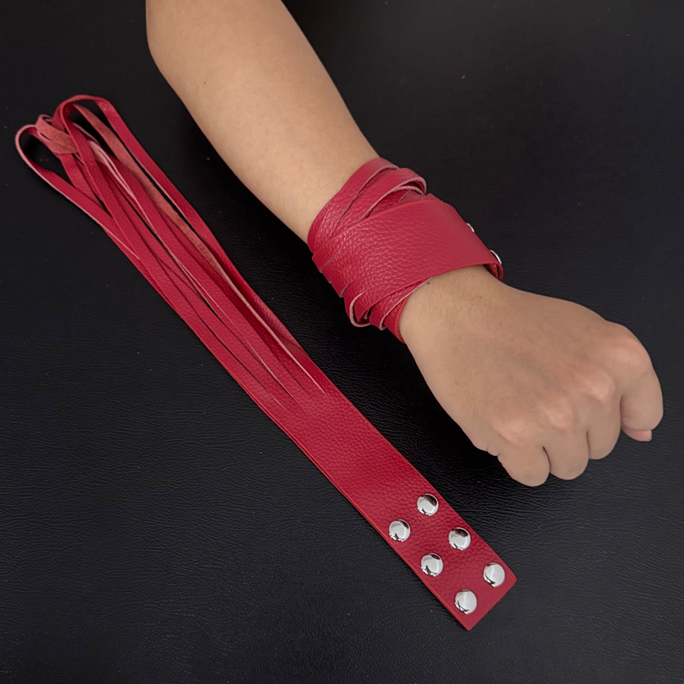 Unisex Dual-Wear Leather Fringe Wrap Bracelet-Blood-Red-Flogger (Non Heat Reactive)