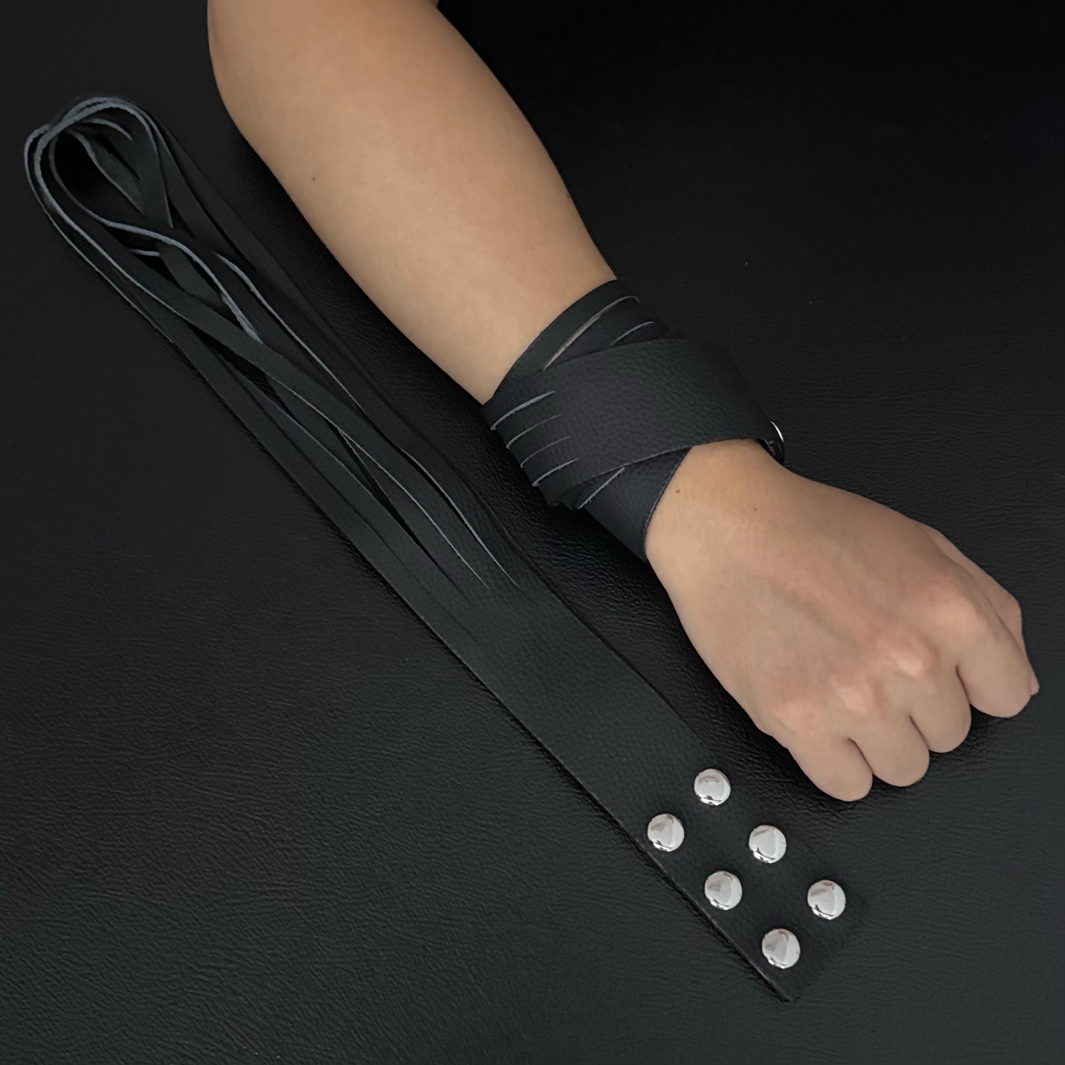 Unisex Dual-Wear Leather Fringe Wrap Bracelet-Midnight Black-Flogger (Plain Black)