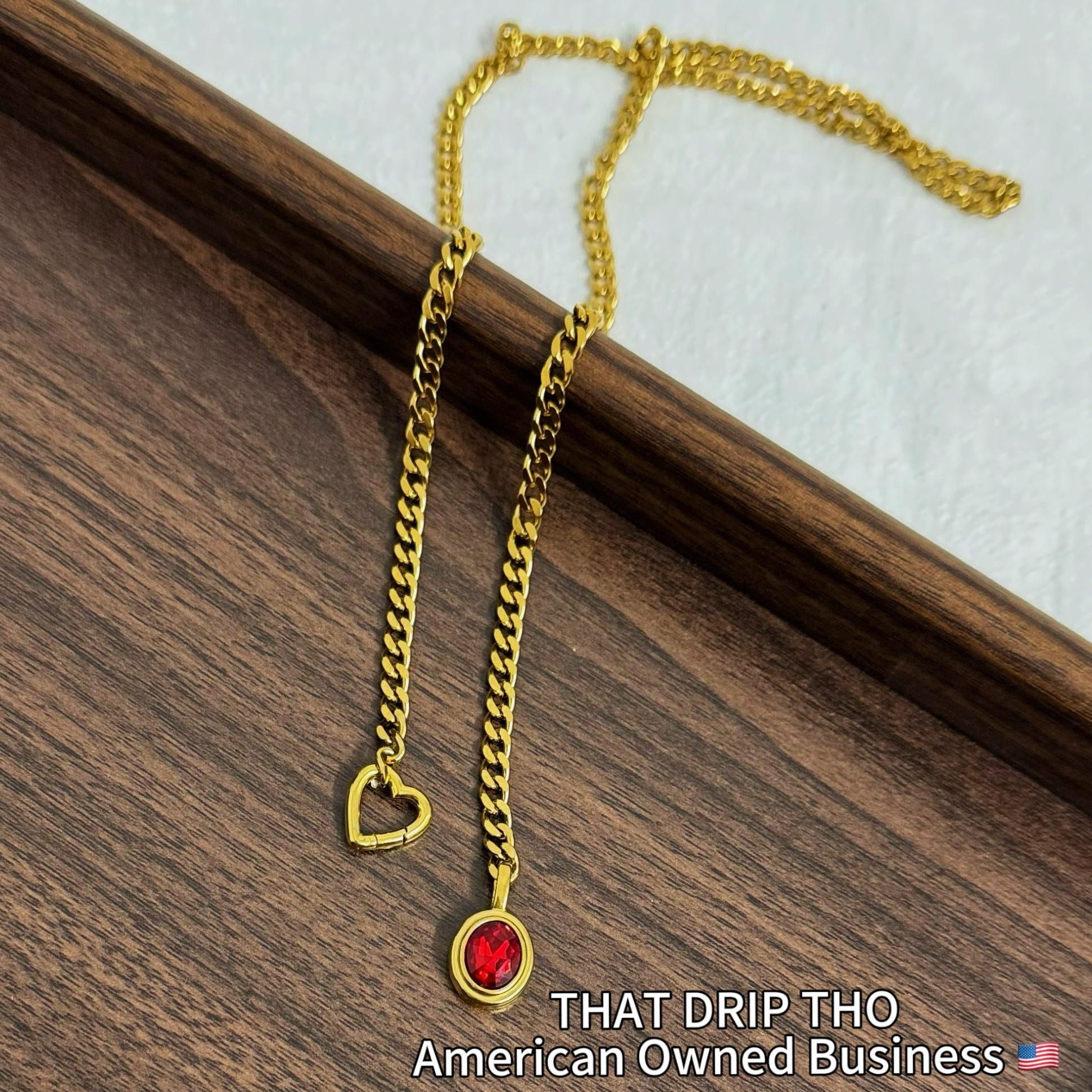 Crimson Gem Heart Gold Slip Chain Necklace