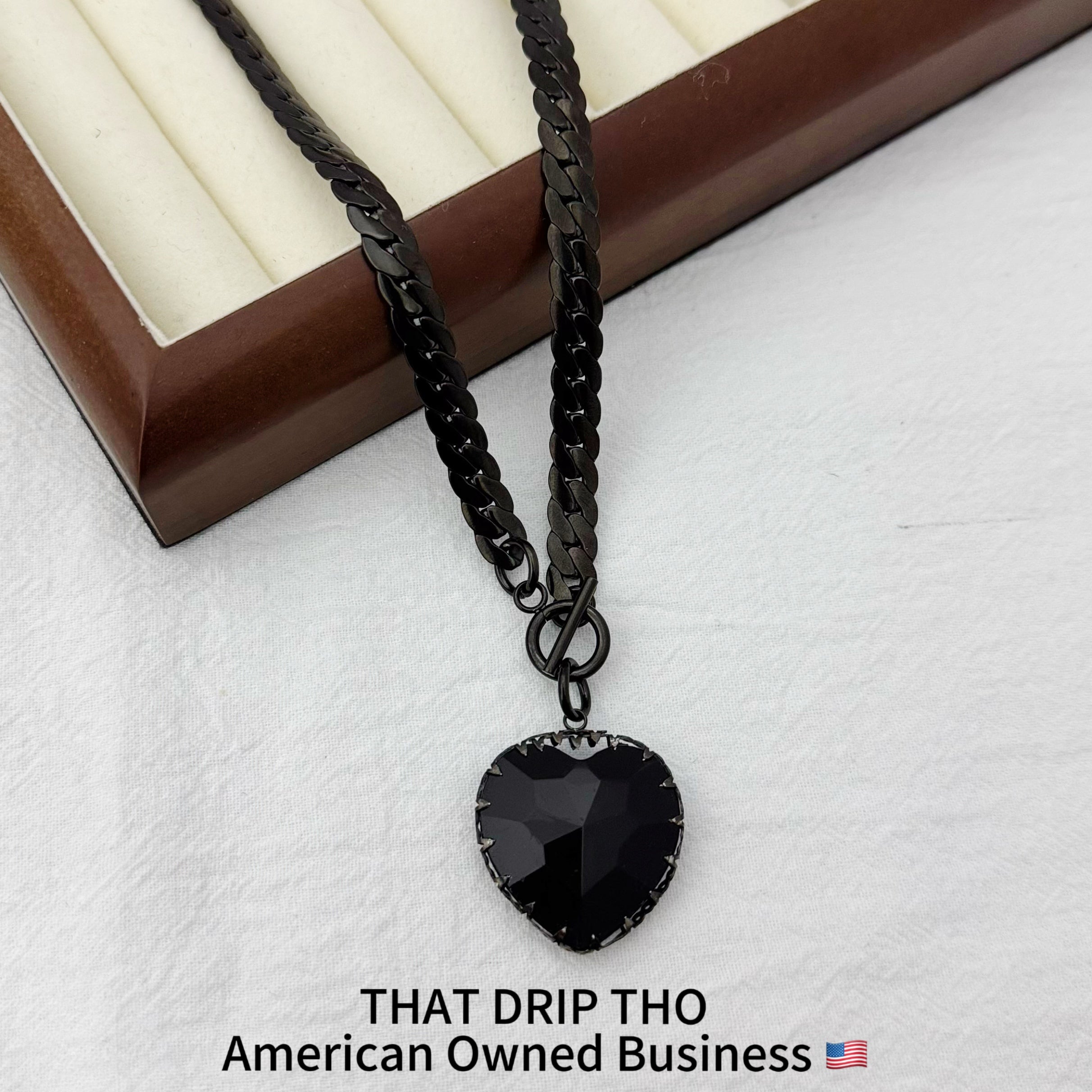 Gem Heart Pendant Black Slip Chain Necklace (Available in Red & Black)
