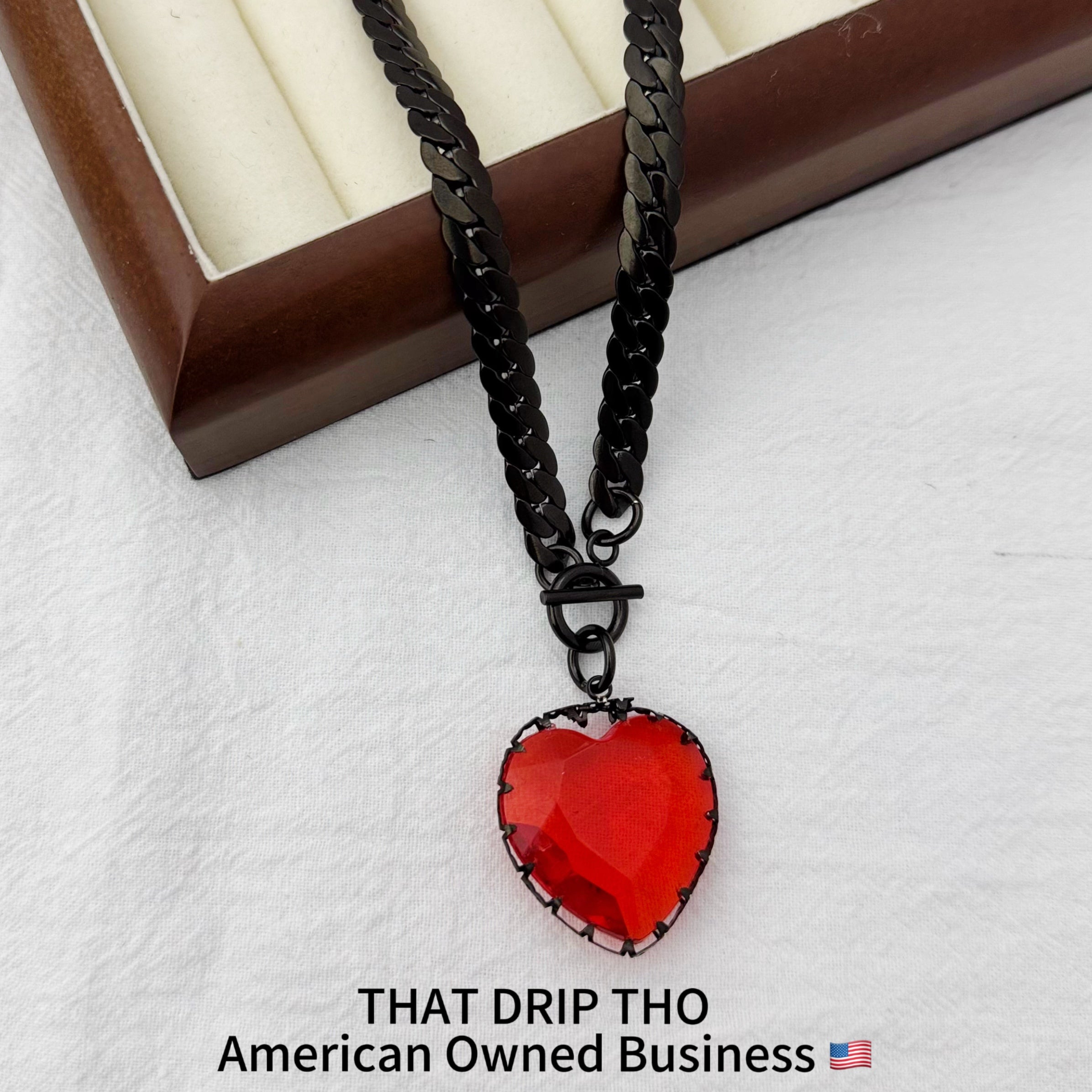 Gem Heart Pendant Black Slip Chain Necklace (Available in Red & Black)