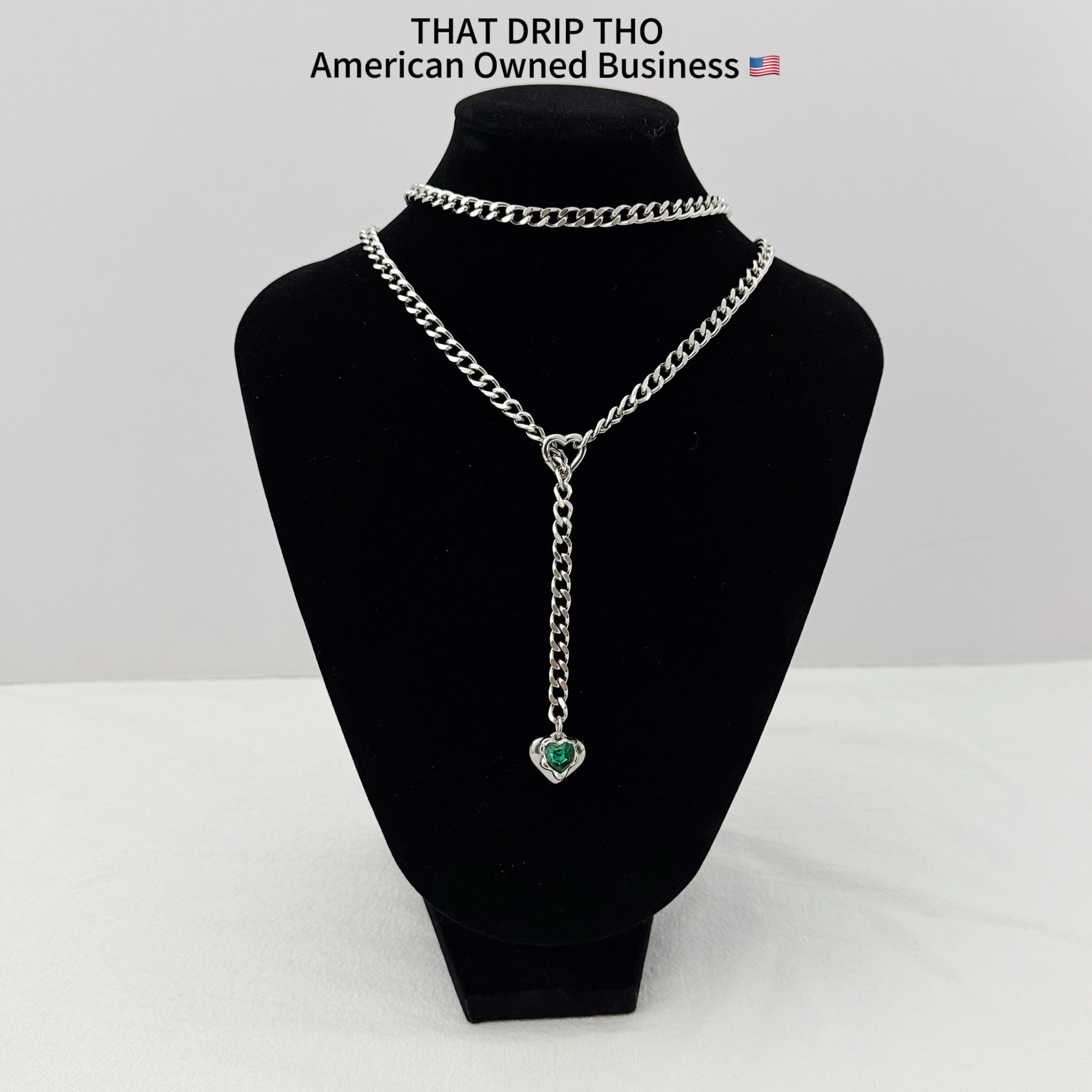 Heart Crystal Charm Slip Chain Necklace (Available in Green, Blue, Clear)