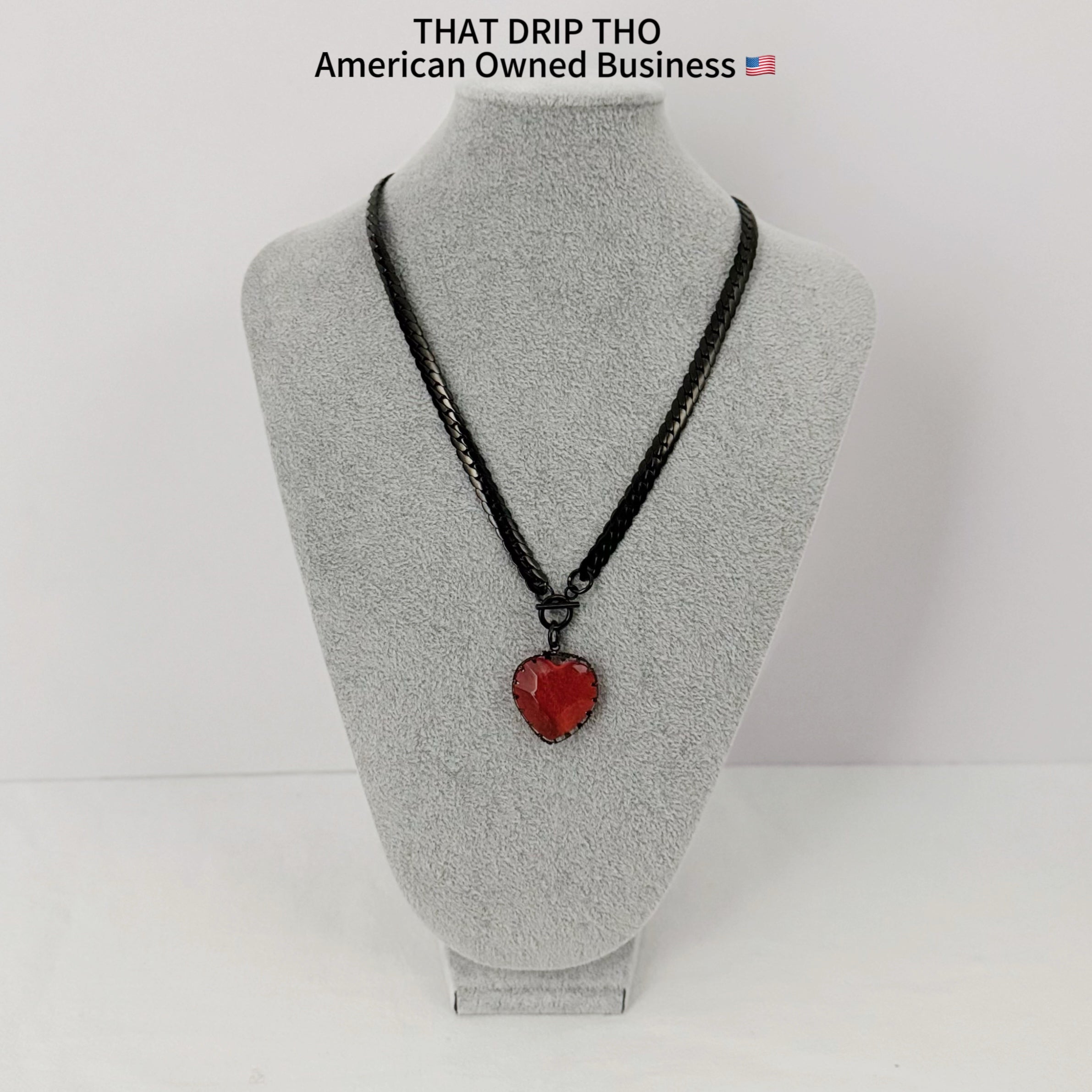 Gem Heart Pendant Black Slip Chain Necklace (Available in Red & Black)