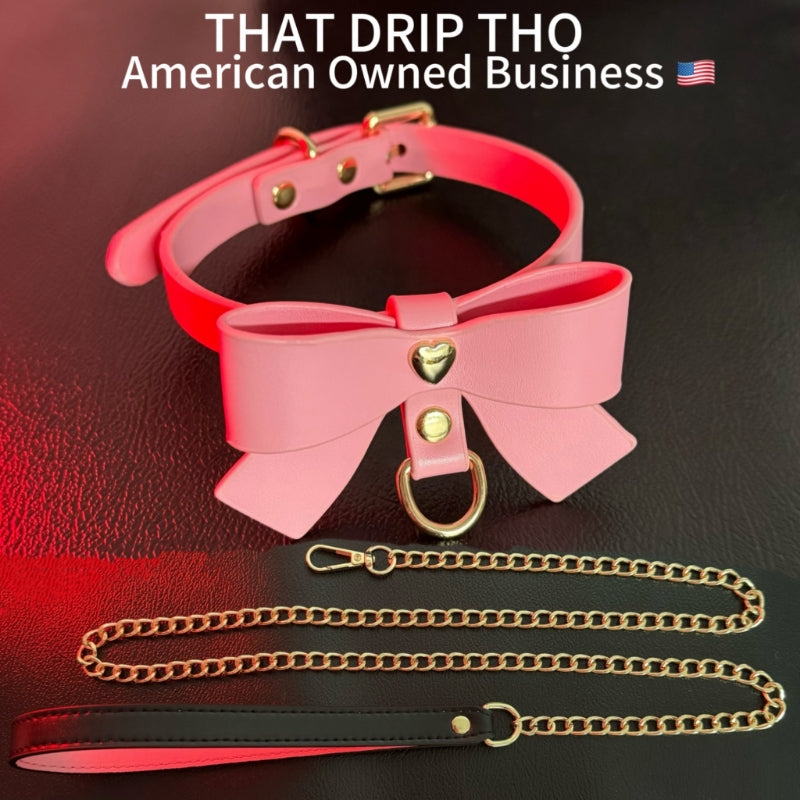 Luxe Chain ( [First Crush] Pink Leather Bow Tie Choker Necklace) with Leather Chain Leash