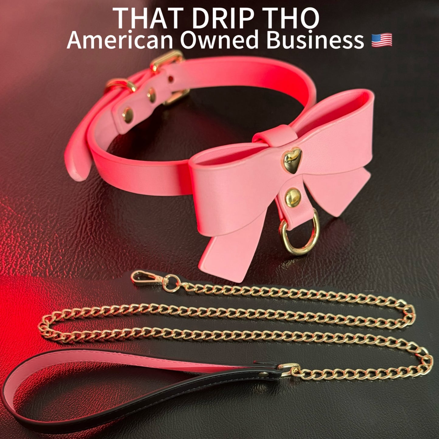 Luxe Chain ( [First Crush] Pink Leather Bow Tie Choker Necklace) with Leather Chain Leash