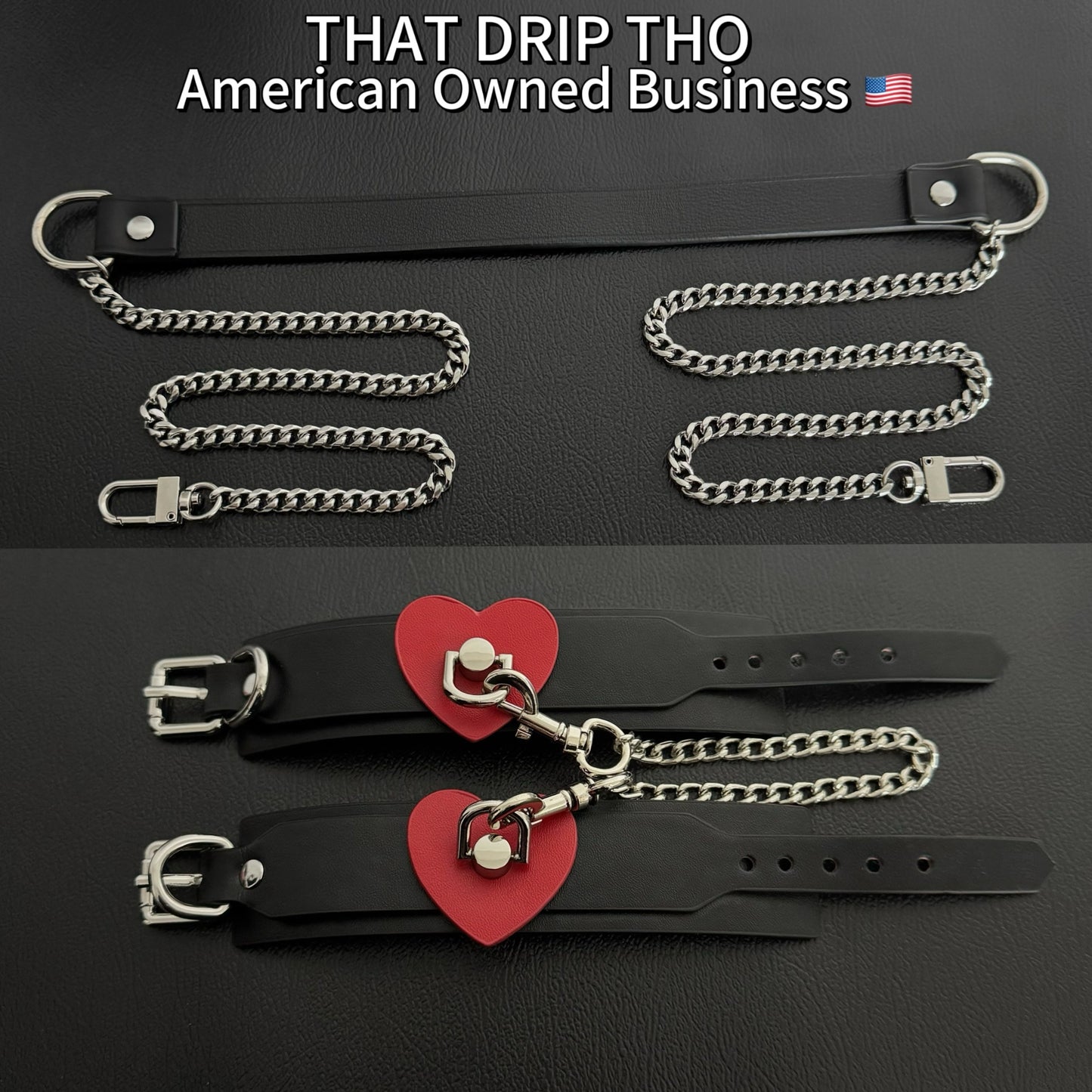 Luxe Chain (Premium Double Layered Chains Leather Choker with Adjustable Red Heart Leather Cuff Combination)